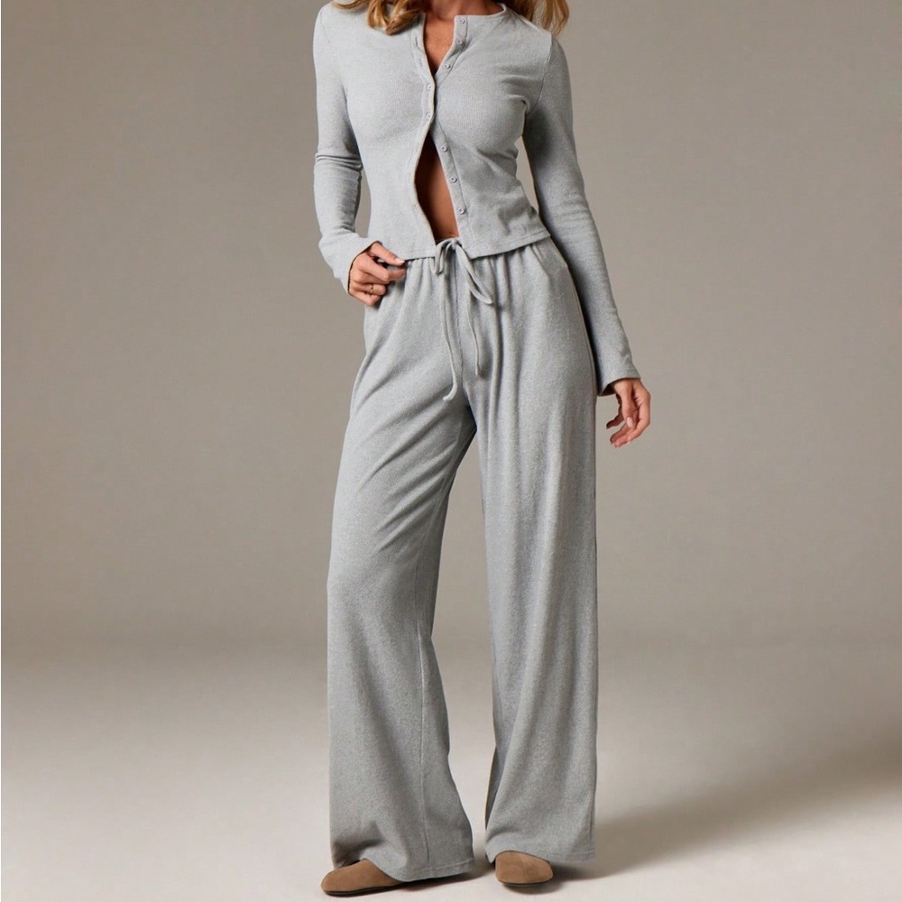 AiiRZ | Ribbed Knit Cardigan And Palazzo Pants Set
